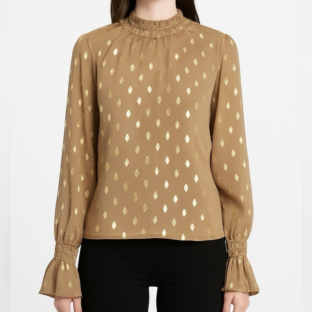 Endless Rose Metallic Foil Dot Ruffle Blouse Brown Gold Sheer Long Sleeve Size S